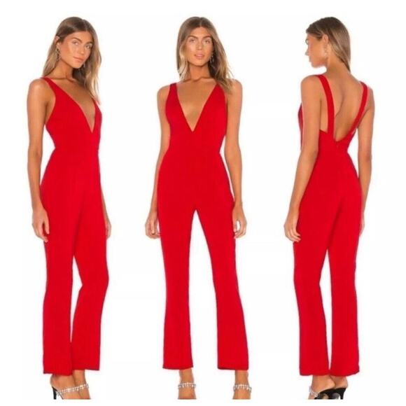 REVOLVE Pants - NEW $218 Revolve Superdown Cherry Red Sexy Deep V Neck Slimming Jumpsuit Medium
